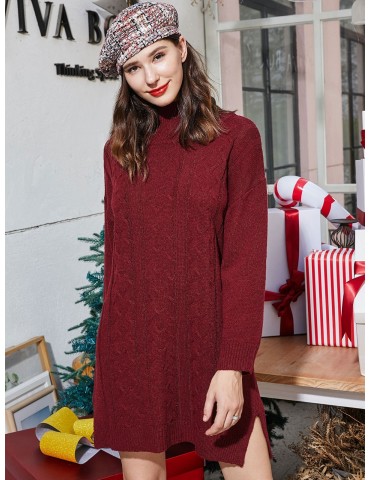  High Neck Slit Christmas Cable Knit Sweater Dress - Red Wine S