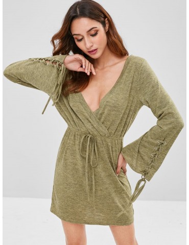  Lace Up Surplice Knitted Dress - Fern Green Xl