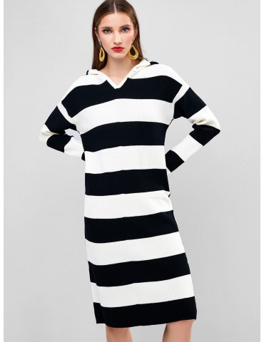 Hooded Long Sleeve Colorblock Stripes Sweater Dress - Multi-a