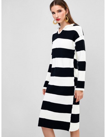 Hooded Long Sleeve Colorblock Stripes Sweater Dress - Multi-a