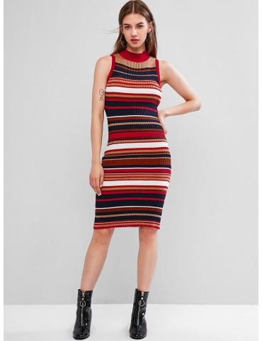 Colorful Striped Knit Bodycon Dress - Multi-a