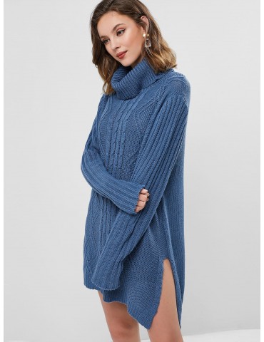 Turtleneck Cable Knit Slit Tunic Sweater Dress - Silk Blue