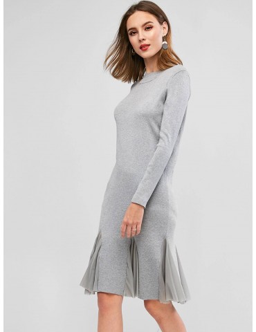 Long Sleeve Mesh Panel Flounced Hem Sweater Dress - Gray