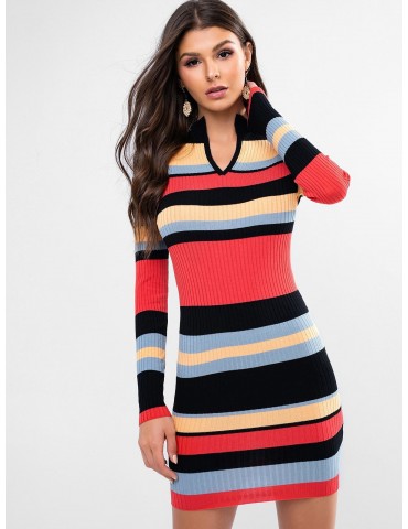 Colorblock V Notched Ribbed Bodycon Dress - Multi S