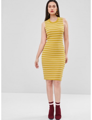 Stripes Sheath Sweater Dress - Bright Yellow