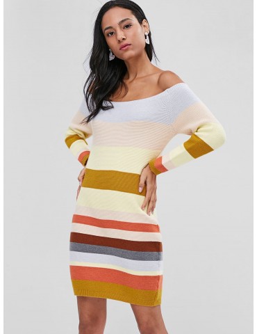 Off Shoulder Contrast Sweater Dress - Multi
