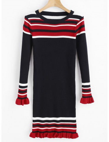 Stripes Ruffles Ribbed Sweater Dress - Black