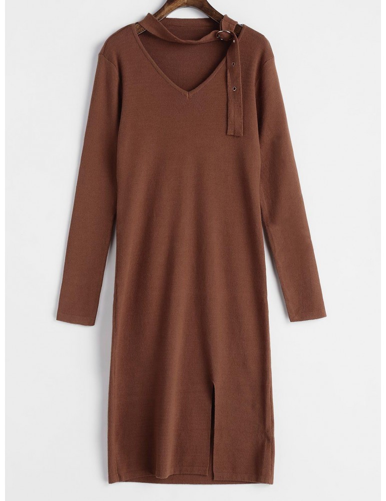 Buckled Choker Sweater Dress - Brown