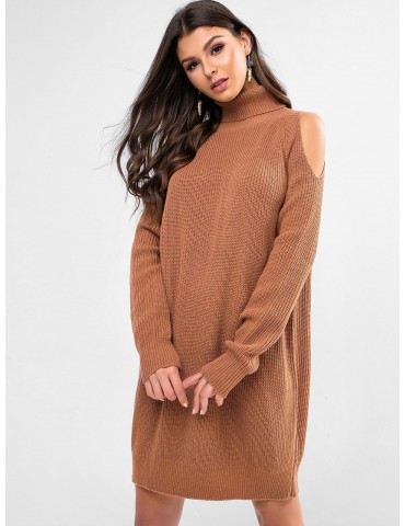 Turtleneck Raglan Sleeve Sweater Dress - Coffee S