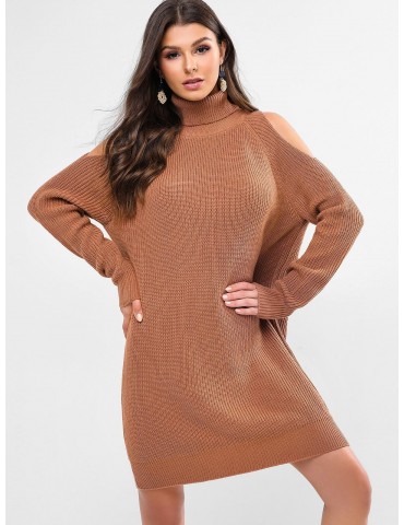 Turtleneck Raglan Sleeve Sweater Dress - Coffee S