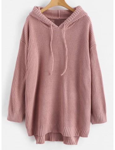 High Low Hem Hooded Knitted Dress - Pink