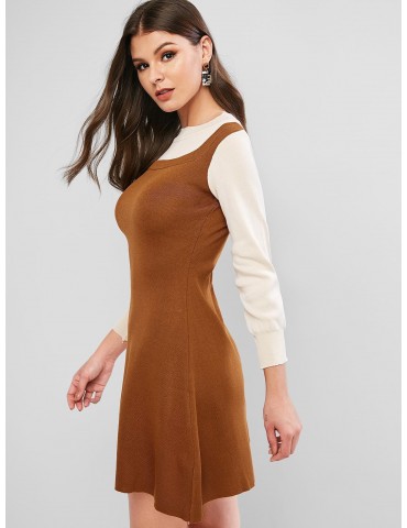 Lantern Sleeves Two Tone Flared Knit Dress - Brown
