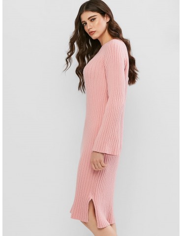 Crew Neck Long Sleeve Slit Sweater Dress - Pink