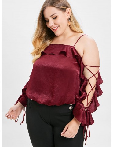  Ruffled Plus Size Lace-up Blouse - Red Wine L