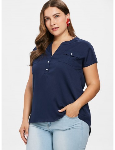 Flap Pockets Buttoned Plus Size Top - Deep Blue 3x