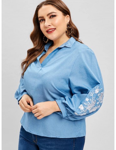 V Neck Floral Embroidered Plus Size Blouse - Denim Blue 2x