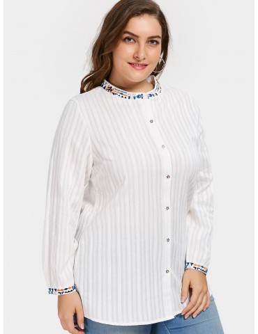 Button Up Embroidered Plus Size Shirt - White 2xl