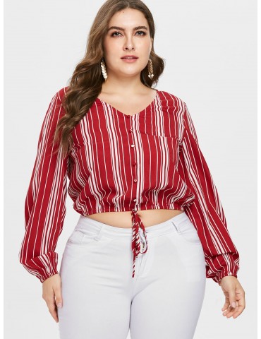  Plus Size Striped Long Sleeve Blouse - Red 1x