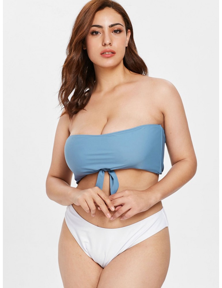  Knotted Bandeau Plus Size Swimwear Set - Silk Blue 3x