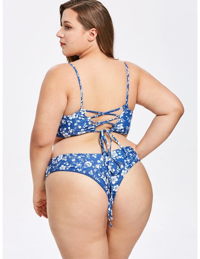  Floral Faux Denim Plus Size Swimwear Set - Blue 3x