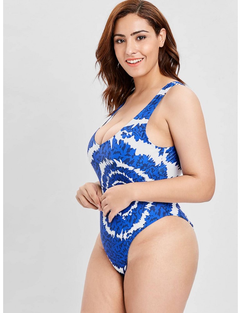  Printed Plus Size One-piece Swimsuit - Denim Dark Blue L
