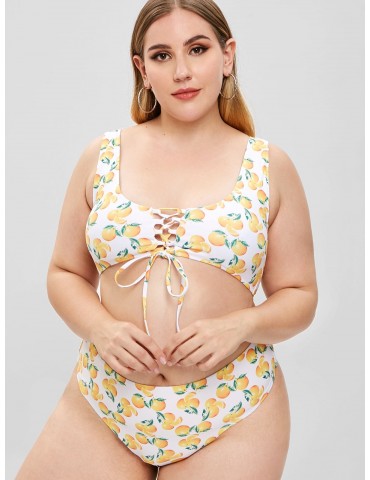  Orange Print Lace-up Plus Size Swimwear Set - White 1x