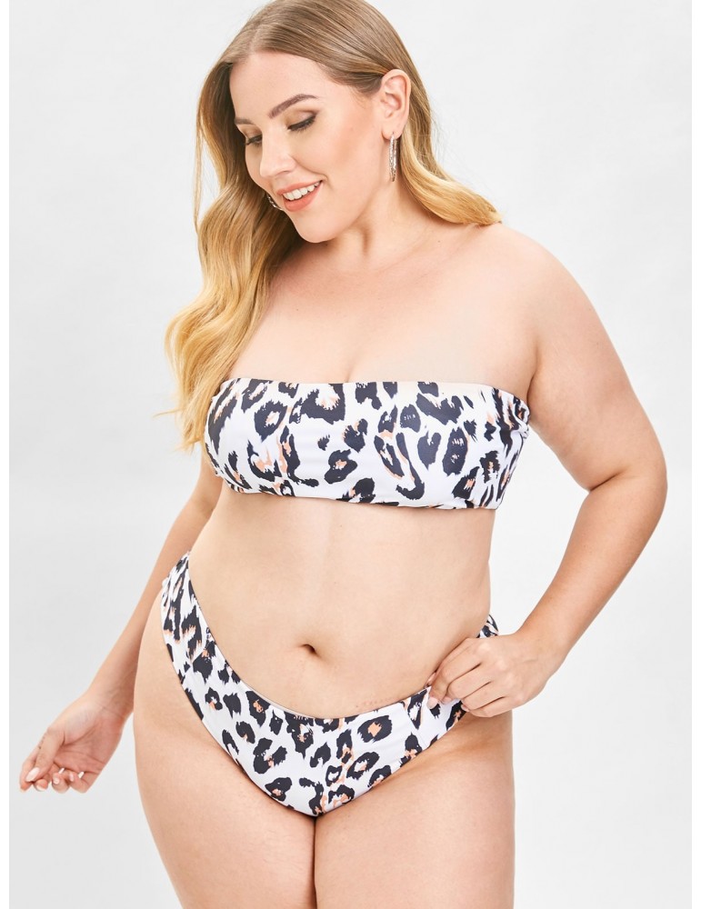  Leopard Plus Size Bandeau Swimwear Set - White 1x
