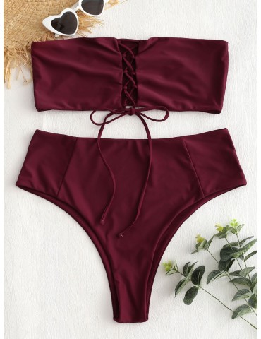 Plus Size Bralette Lace Up Swimwear Set - Red Wine L