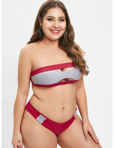  Two Tone Bralette Plus Size Swimwear Set - Red 1x