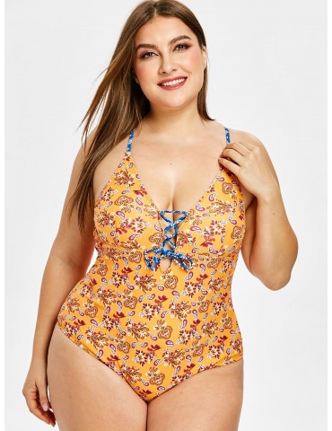  Ethnic Lace Up Backless Plus Size Swimsuit - Sandy Brown 1x