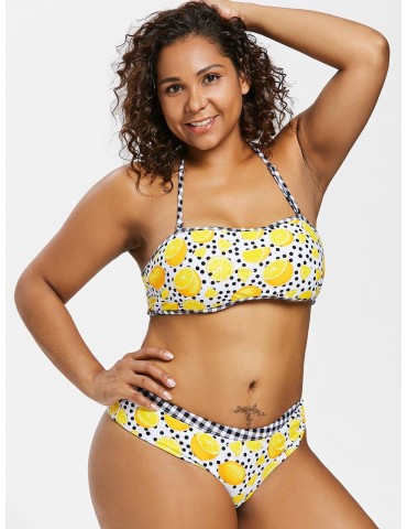 Plus Size Lemon Dots Halter Swimwear - Multi 2x