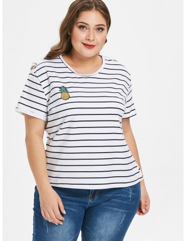 Sequined Pineapple Plus Size Striped Tee - White 3x