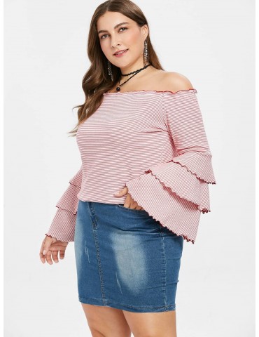 Plus Size Striped Tiered Flare Sleeve Tee - Multi 1x