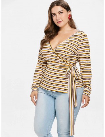Plus Size Striped Knit Wrap T-shirt - Multi 1x