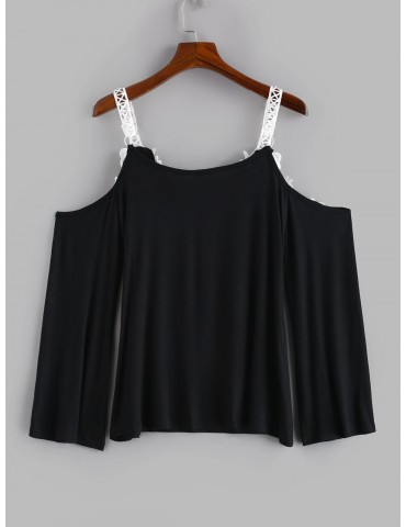 Plus Size Crochet Criss Cross Plunging T-shirt - Black 5x