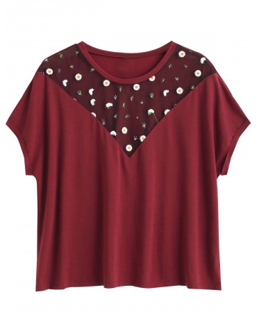 Floral Embroidered Plus Size Tee - Red Wine 2x