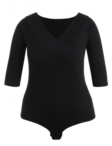 Plus Size Plain V Neck Bodysuit - Black 3x