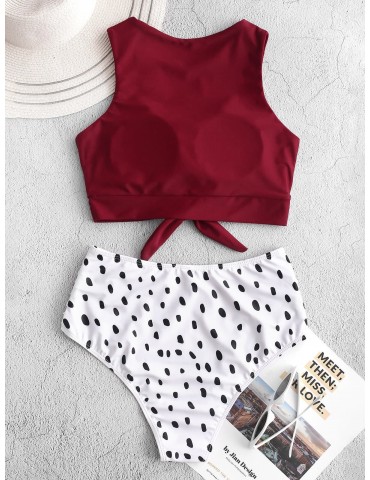 Dalmatian Print Knot Ruched Tankini Swimsuit - Red M