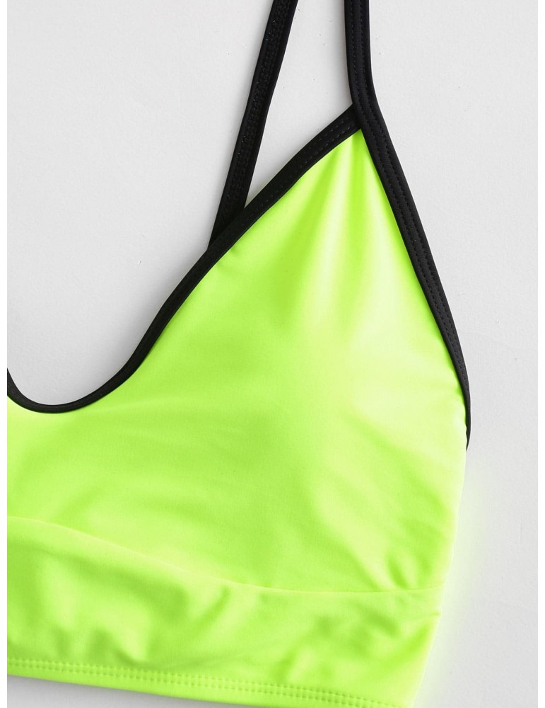  Colorblock Lace Up High Waisted Tankini Swimsuit - Green Yellow Xl
