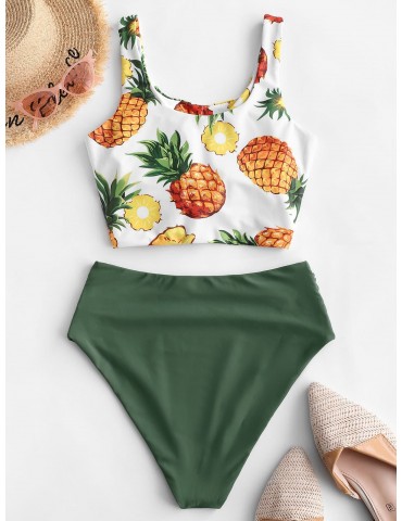  Pineapple Knotted Tummy Control Tankini Swimsuit - Multi-a M