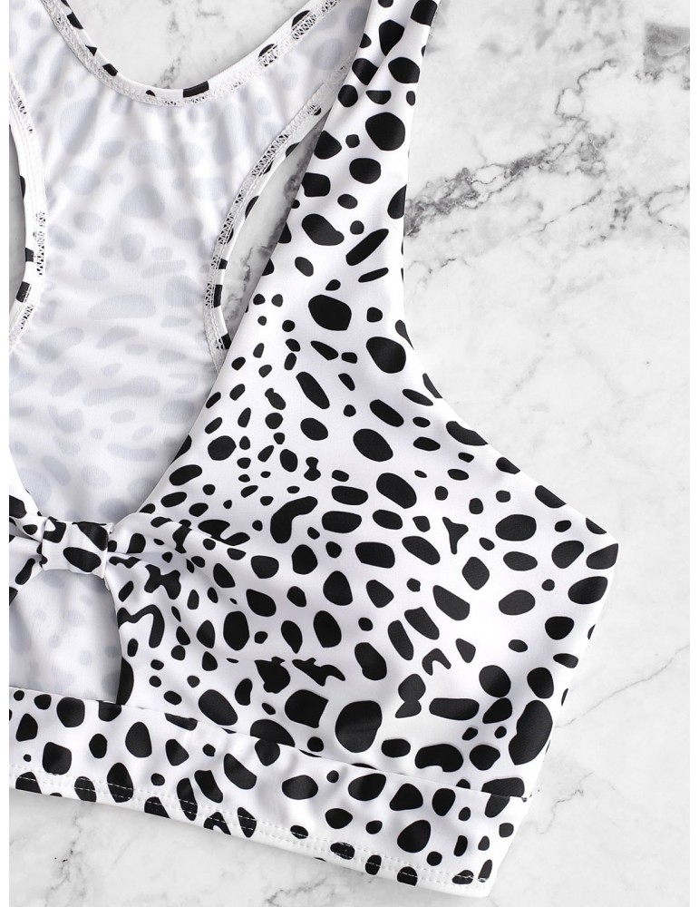  Dalmatian Print Ruched Racerback Tankini Swimsuit - Plum Velvet M