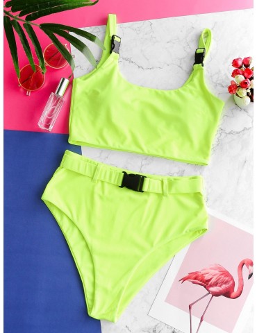  Push Buckle High Waisted Padded Tankini Swimsuit - Chartreuse M