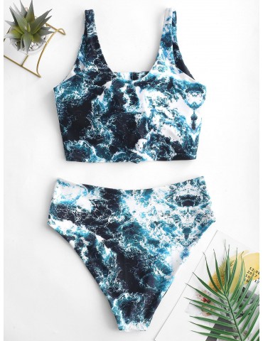  Knot Seawater Print Tankini Swimsuit - Peacock Blue 2xl