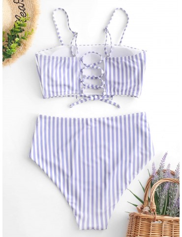  Striped Lace Up High Waisted Tankini Swimwear - Multi-a S