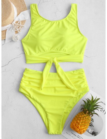  Knotted Hem Ruched Tankini Swimsuit - Green Yellow M