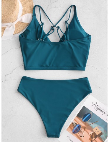  Surplice Criss Cross High Cut Tankini Swimsuit - Greenish Blue Xl