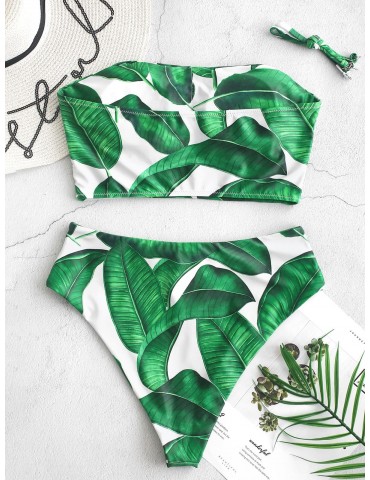  Zip Palm Leaf Bandeau Tankini Swimsuit - White L