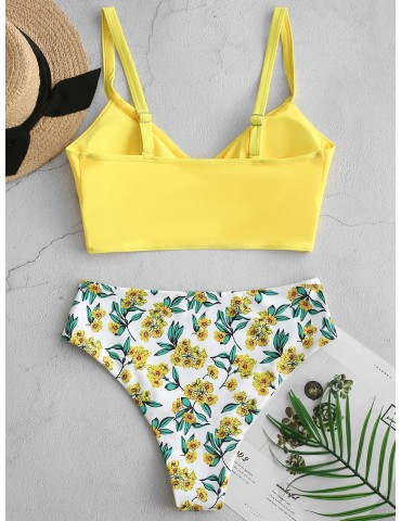  Floral Surplice High Cut Tankini Swimsuit - Yellow S