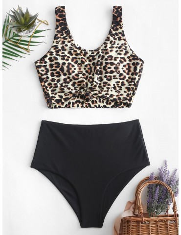  Animal Print Knotted High Waisted Tankini Swimsuit - Multi-a M