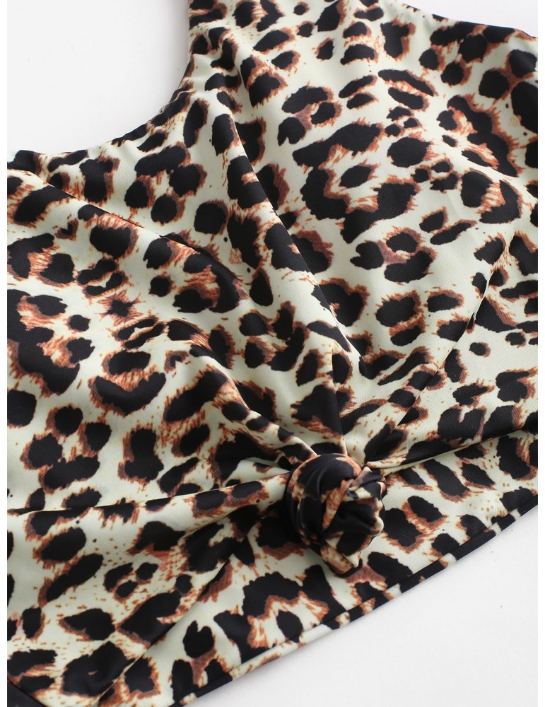  Animal Print Knotted High Waisted Tankini Swimsuit - Multi-a M